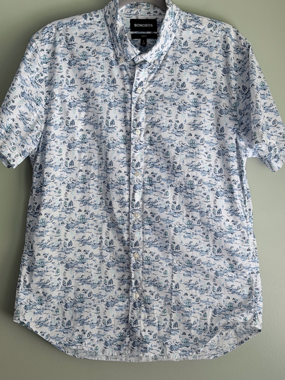 Bonobos Slim Fit Sailboat Print Button Front Shirt  Large Coastal Summer Resort
